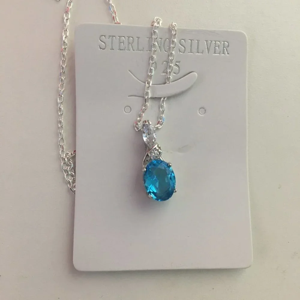 CZ Cubic Zirconia Aqua Drop Pendant Sterling Silver  Necklace -18 inches